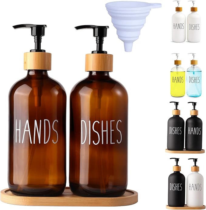 LOOCHICA Amber Glass Soap Dispenser Set with Tray, Amber Dish and Hand Soap Dispenser Set, Refillable Reusable Apothecary Soap Pump Dispenser Bottles for Bathroom and Kitchen