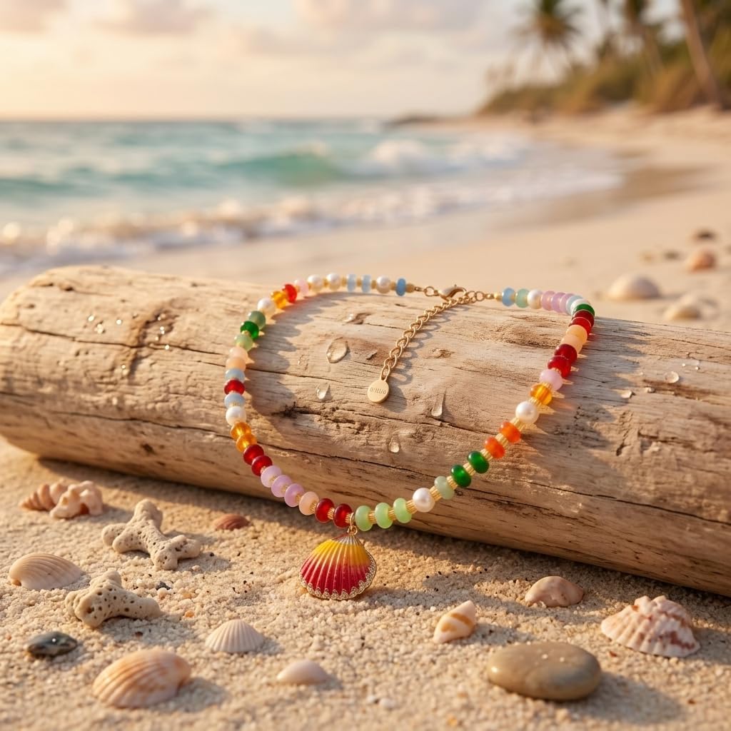 Frigotine Colorful Beaded Pearl Necklace for Women, Cute Orange Shell Pendant Trendy Summer Beach Boho Jewelry Gift