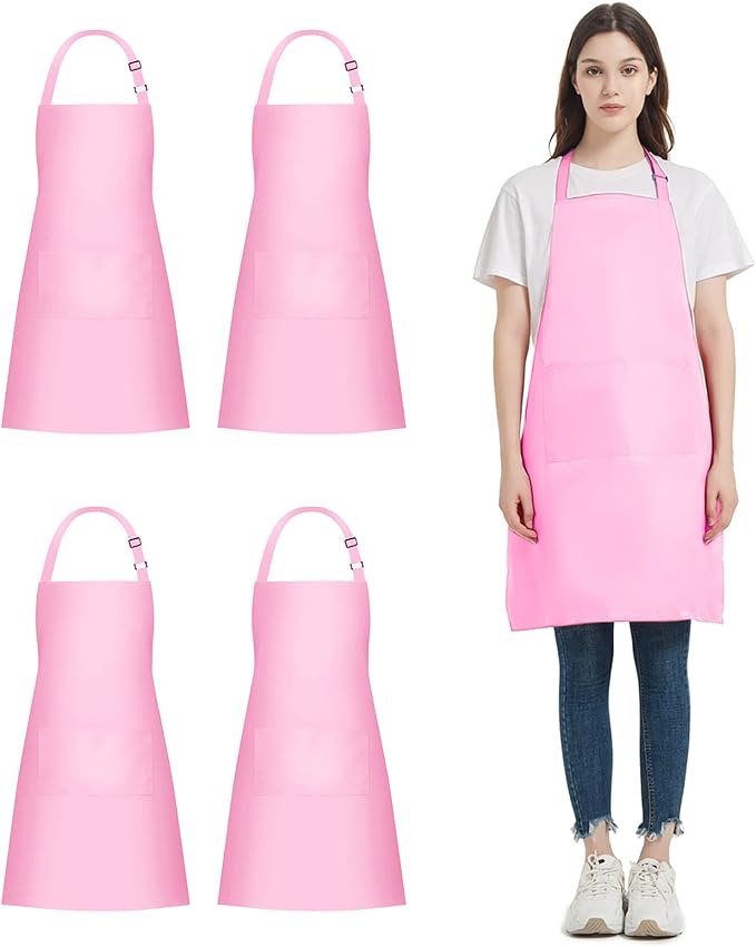 4 Packs Chef Apron with 2 Pockets, Waterproof Adjustable Apron for Men Women Perfect for Kitchen Cooking Baking Gardening Restaurant BBQ Coffee House, Professional Apron (Pink)