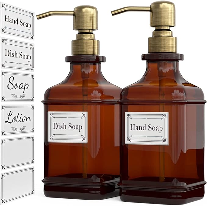 GLADPURE Soap Dispenser 2 Pack, Hand Soap Dispensers with 18 Oz Antique Design Thick Amber Glass Bottle, 316 Rust Proof Stainless Steel Pump, 6Pcs Stickers, for Lotion, Soap - Brushed Gold