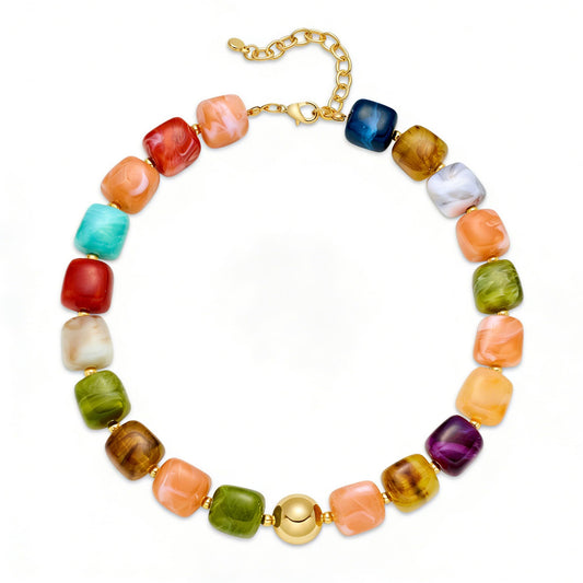 WOWORAMA Colorful Beaded Necklace for Women Trendy Colored Chunky Statement Necklaces Boho Large Square Resin Beads Choker Necklace Y2K Summer Jewelry