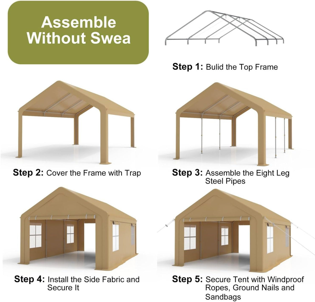 10x20FT Portable Garage, 10'x20' Carport Heavy Duty, Galvanized Frame & 180 g PE Waterproof Canopy, with 4 Doors (Included 2 Side Doors), and 4 Windows, for Pickup Truck, and Boat