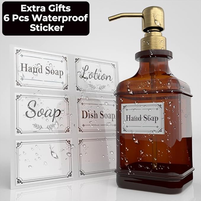 GLADPURE Soap Dispenser 2 Pack, Hand Soap Dispensers with 18 Oz Antique Design Thick Amber Glass Bottle, 316 Rust Proof Stainless Steel Pump, 6Pcs Stickers, for Lotion, Soap - Brushed Gold