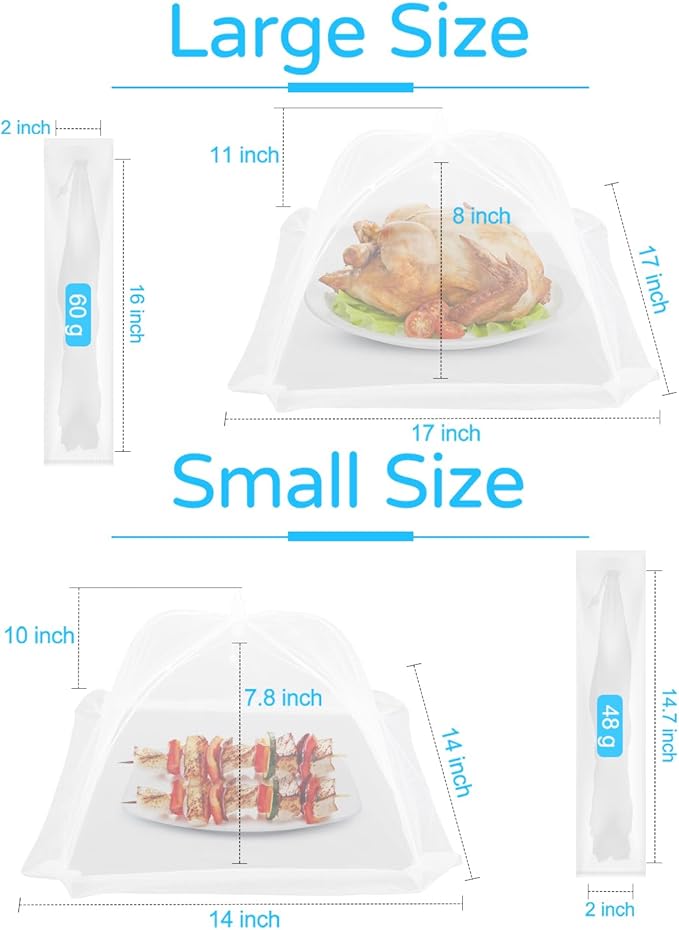 4-Pack Food Cover Mesh Food Tent for Kitchen and Outdoor Use,2 x 17-inch & 2 x 14-inch Pop-Up Screen Tents to Protect Plants Plastic,Collapsible Reusable Covers for BBQ,Fruit Baskets, Parties, Camping