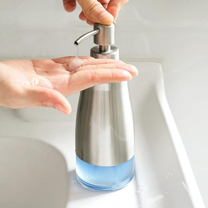AUMIO Dish Soap Dispenser with Stickers, Kitchen Soap Dispensers Brushed Nickel Stainless Steel and Glass Combined, Refillable Liquid Hand Soap Dispenser for Bathroom & Kitchen (11OZ / 320ML)