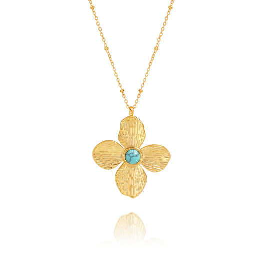 PEARLADA Gold Plated Flower Pendant Necklace, Boho Turquoise Bead Cross Necklace, Adjustable Vacation Summer Jewelry for Women
