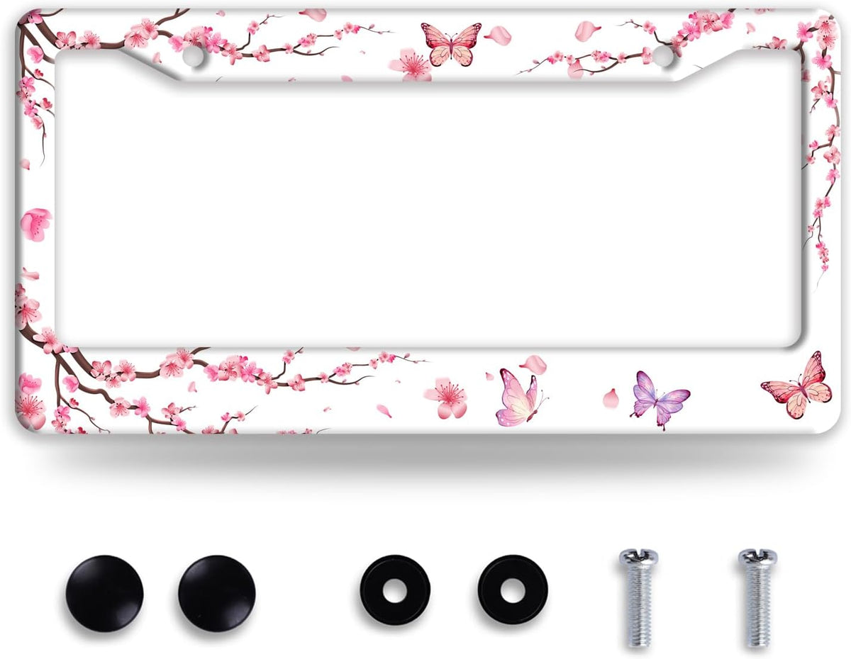 Pink Cherry Blossom Butterfly License Plate Frame Beautiful Flowers License Plate Holder Funny Stainless Steel Accessories Cars Decor With 2 Holes And Screws Fits Standard Us Ca Vehicles 12.2 X 6 Inch