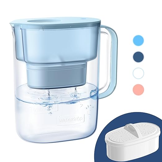 Waterdrop PT-07B Water Filter Pitcher, 10-Cup, NSF Certified, 200-Gallon Long-Life Filter, Improves Coffee & Tea Taste, Reduces PFOA/PFOS and Chlorine, 5X Longer Filter Life, Blue