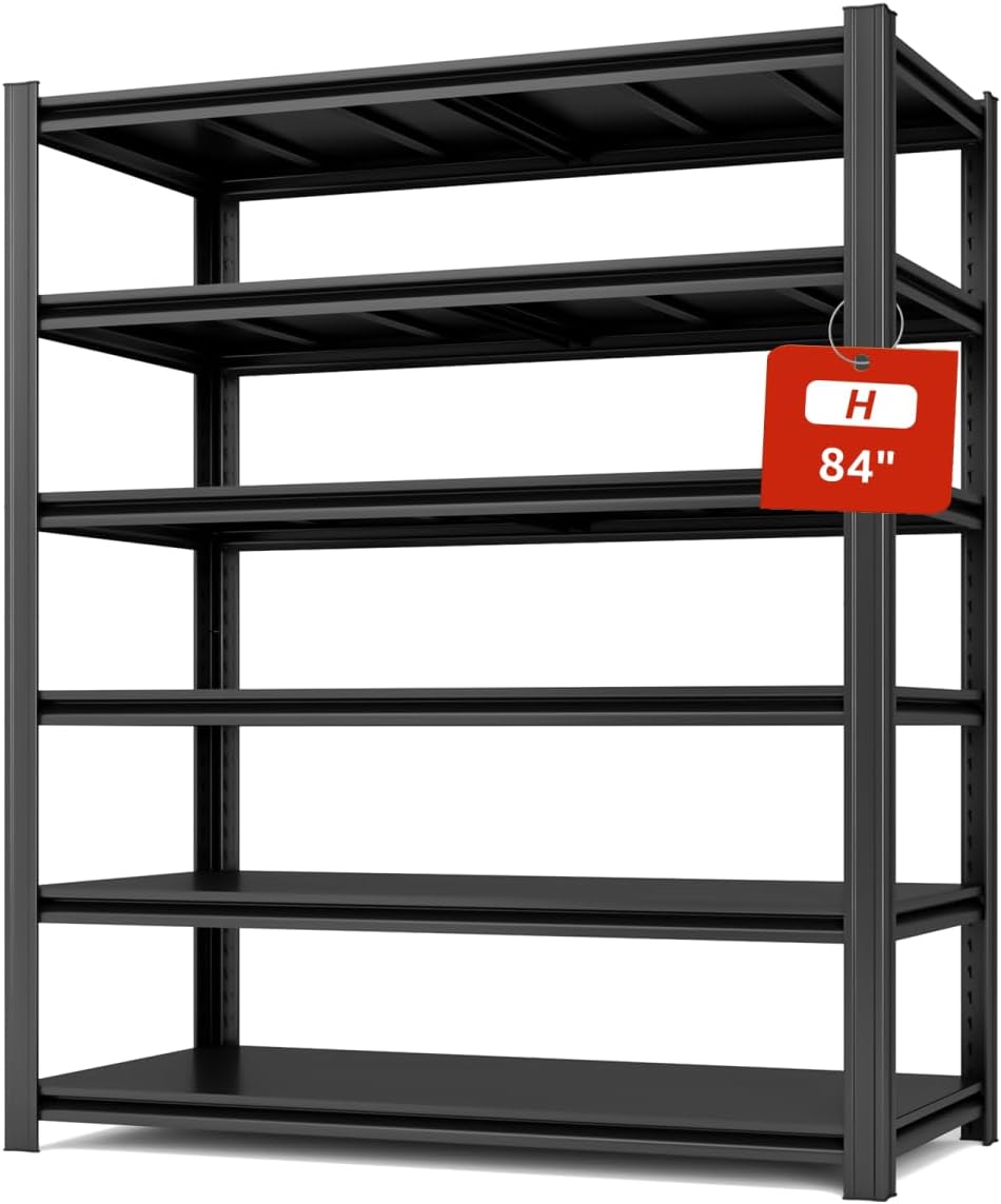 6 Tier Metal Shelving Unit 84" H x 55.12" W x 24" D, 3600LBS Adjustable Storage Shelves, Heavy Duty Garage Shelves for Warehouse, Basement, Kitchen, Pantry, Living Room, Black