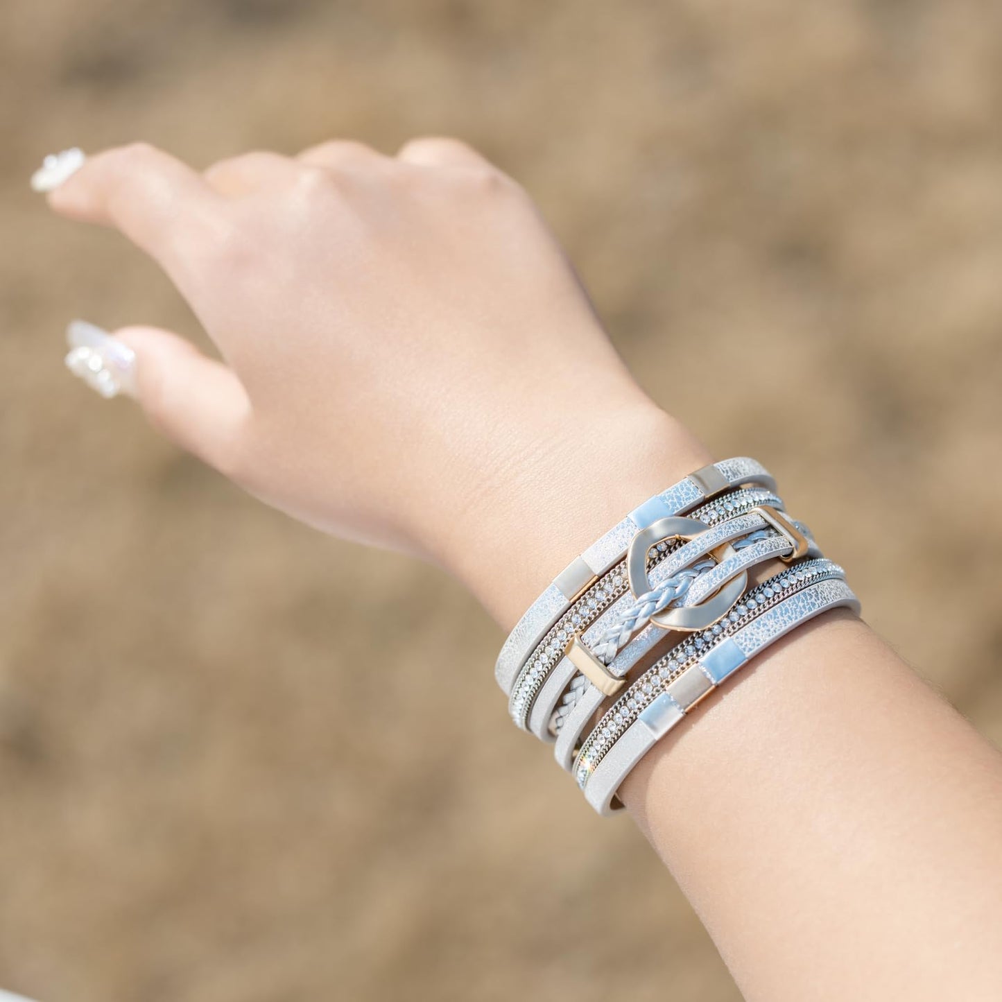 FANCY SHINY Boho Leather Wrap Bracelets Circle Square Bead Braided Handmade Stackable Bracelet Trendy Cuff Bangle for Women(Metallic Gray)