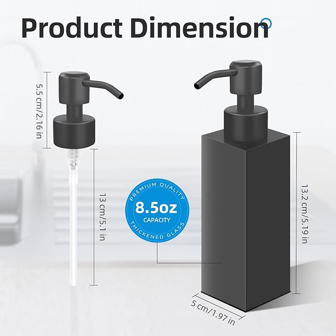 Black Soap Dispenser, Matte Black Stainless Steel, Rust-Proof Liquid Hand Dish Dispenser for Bathroom & Kitchen, 8.5 Oz Refillable Countertop Lotion Bottle (Square)