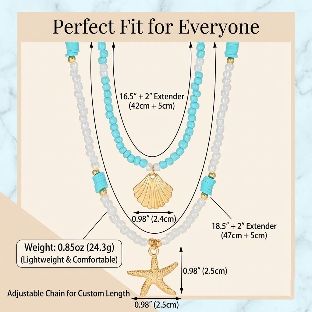 Tazimo 2Pcs Shell Starfish Layered Necklaces,Boho Beach Summer Necklace Gold Pendant Tropical Necklace Blue&White Beaded Necklaces Jewelry Gifts for Women (A:Blue&White)