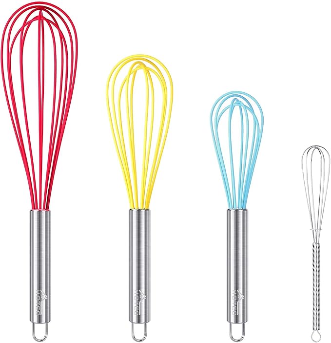 HOTEC 4 Pieces Silicone Whisks Set, Wire Balloon Whisks Egg Beater, Non-slip Handle Whisk for Non-stick Cookware Perfect for Cooking, Stirring, Beating and Blending (Multicolor)