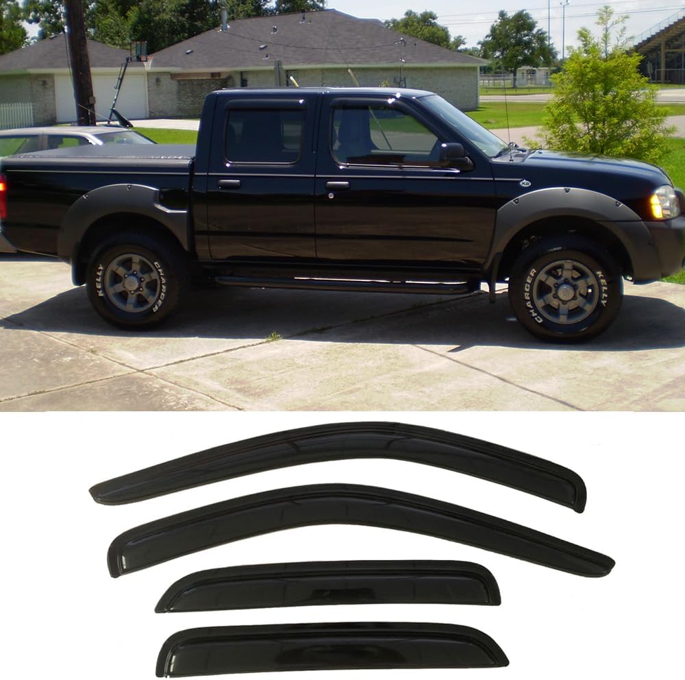 94627 Side Window Visor Wind Vent Deflector fit for 2000-2004 Nissan Frontier Crew Cab with 4 Full Size Doors,4pc Outside Mount Style Nice Sun Rain Guards Set