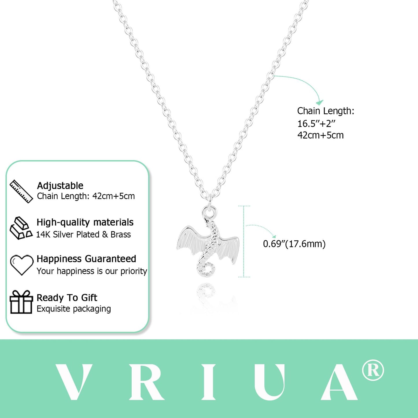 VRIUA Dragon Necklace for Women – 14K White Gold Plated Silver Dragon Pendant – Dainty Fantasy Jewelry Gift