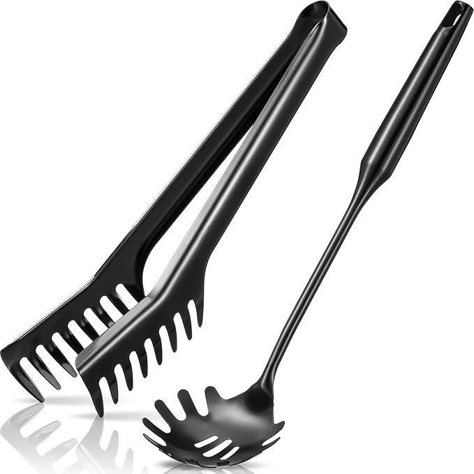Patelai 2 Pcs Stainless Steel Pasta Spoon with Teeth Large Spaghetti Utensil, 9.4'' Tong and 13.6'' Pasta Fork with Vacuum Handle, Comfortable Grip Design Spoons for Kitchen(Black)