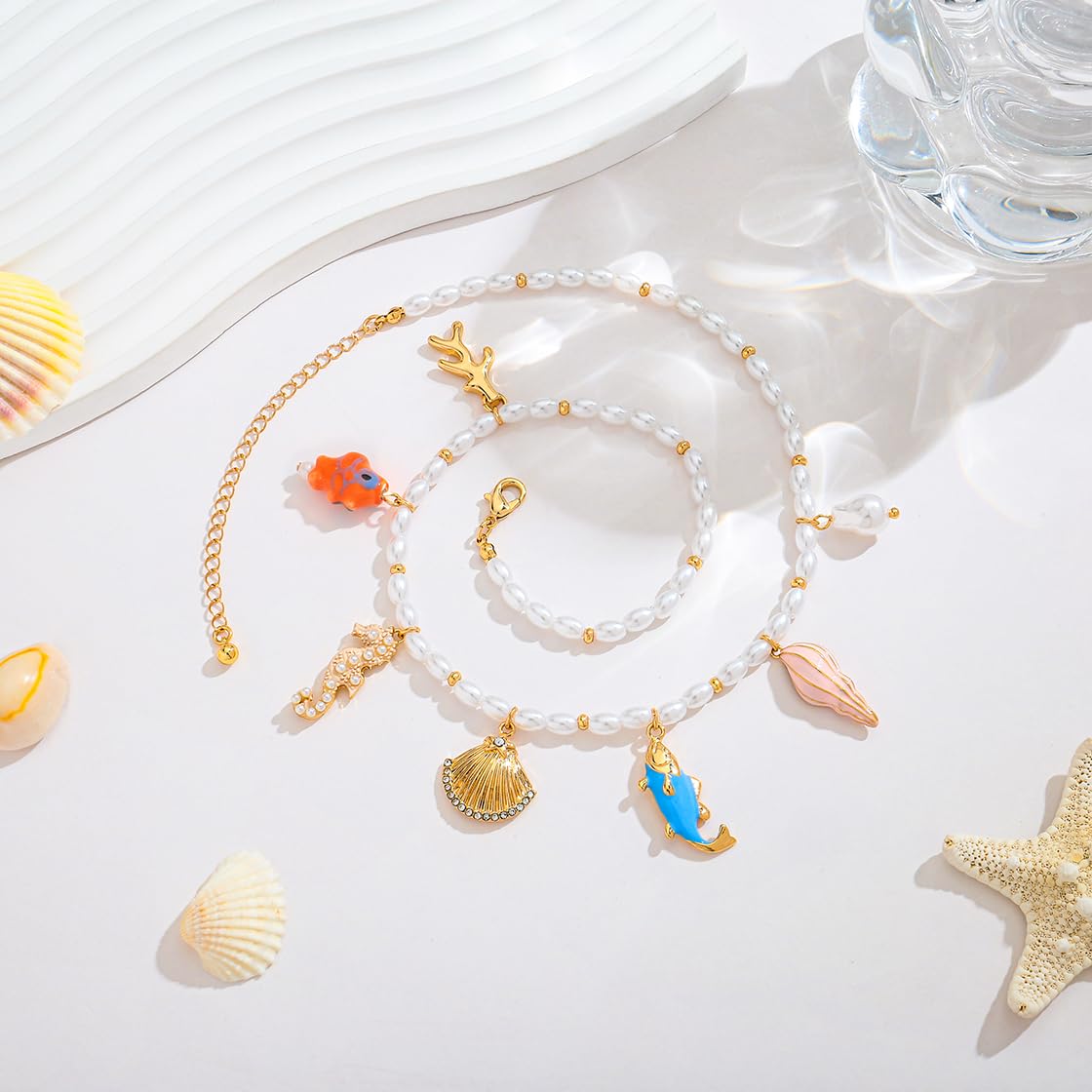 LILIE&WHITE Sea Shell Necklace For Women Gold Charms Necklace Seahorse Seashell Bead Pearl Necklaces Little Fish Conch Pendants Summer Beach Necklaces Jewelry