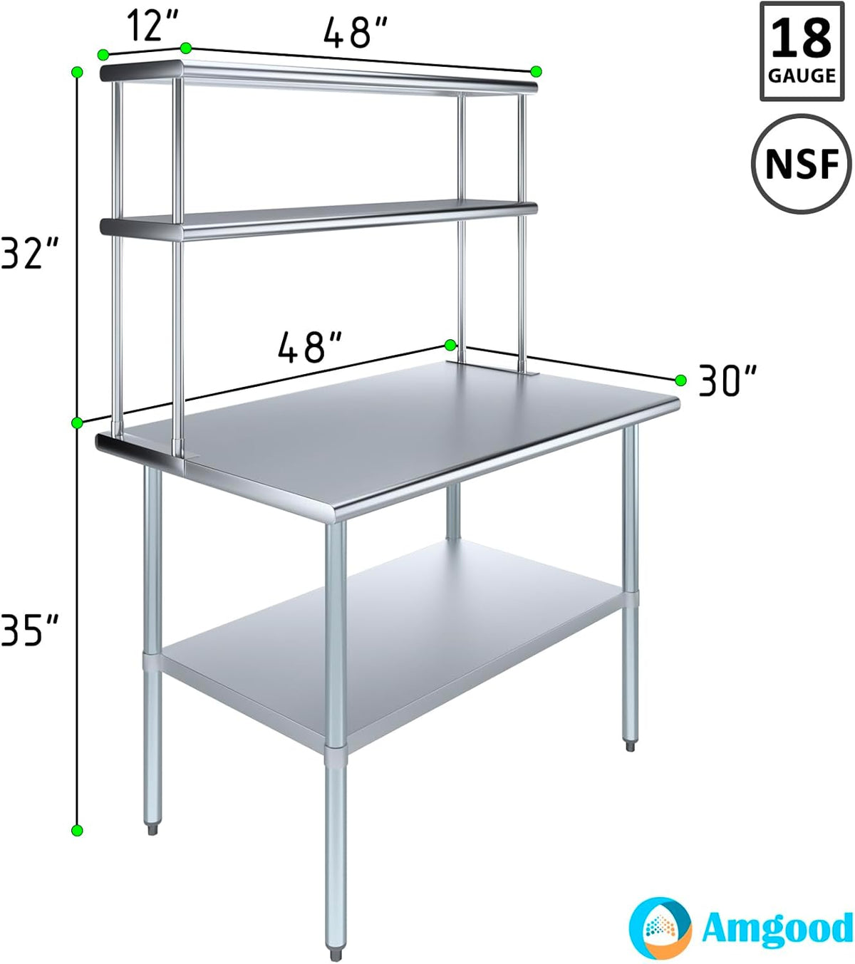Amgood Stainless Steel Work Table Double Tier Overshelf | Metal Kitchen Prep Table & Shelving Combo (30" x 48" Work Table + 12" Overshelf)
