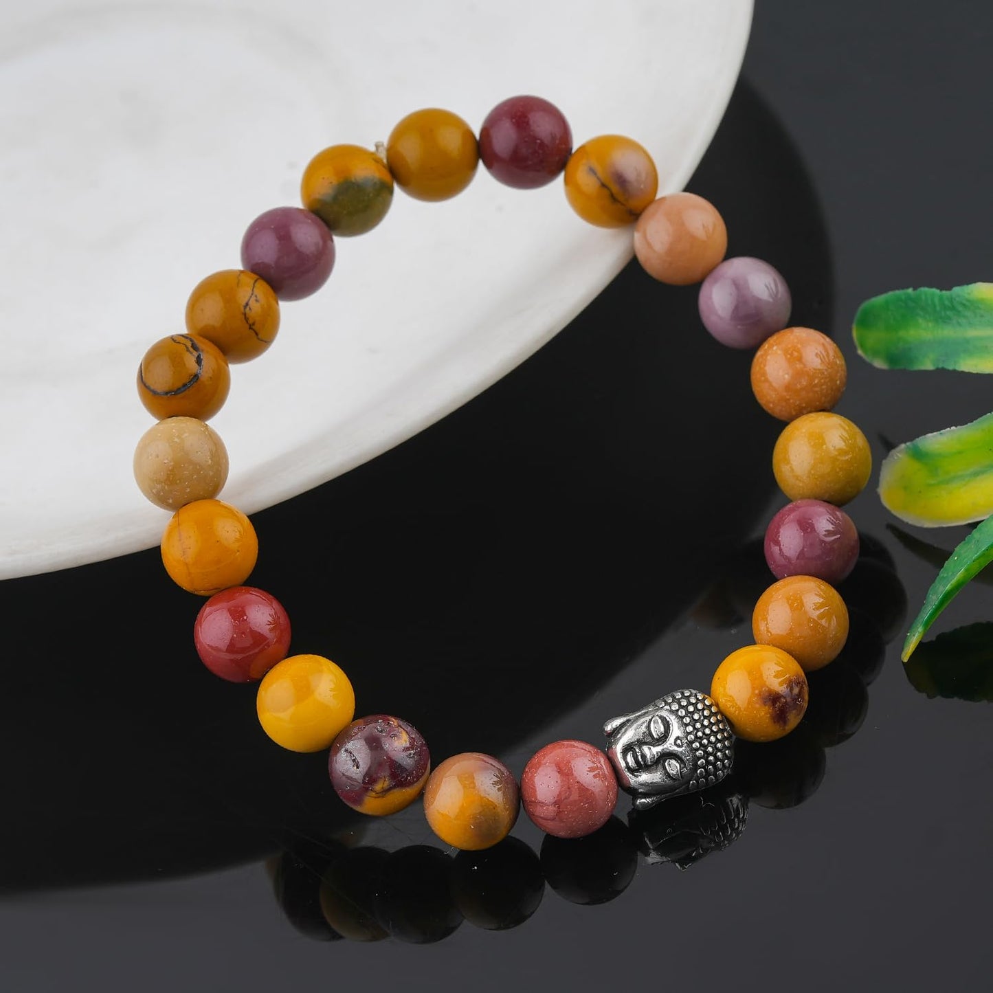 CRYSTALINES Buddha Charm Stretchable Braceclet, Natural Mookaite Gemstone Beads, Plain Round Stones, Handmade Boho Strech Bracelet, Adjustable Spiritual Healing Crystal Unisex Jewelry Gift