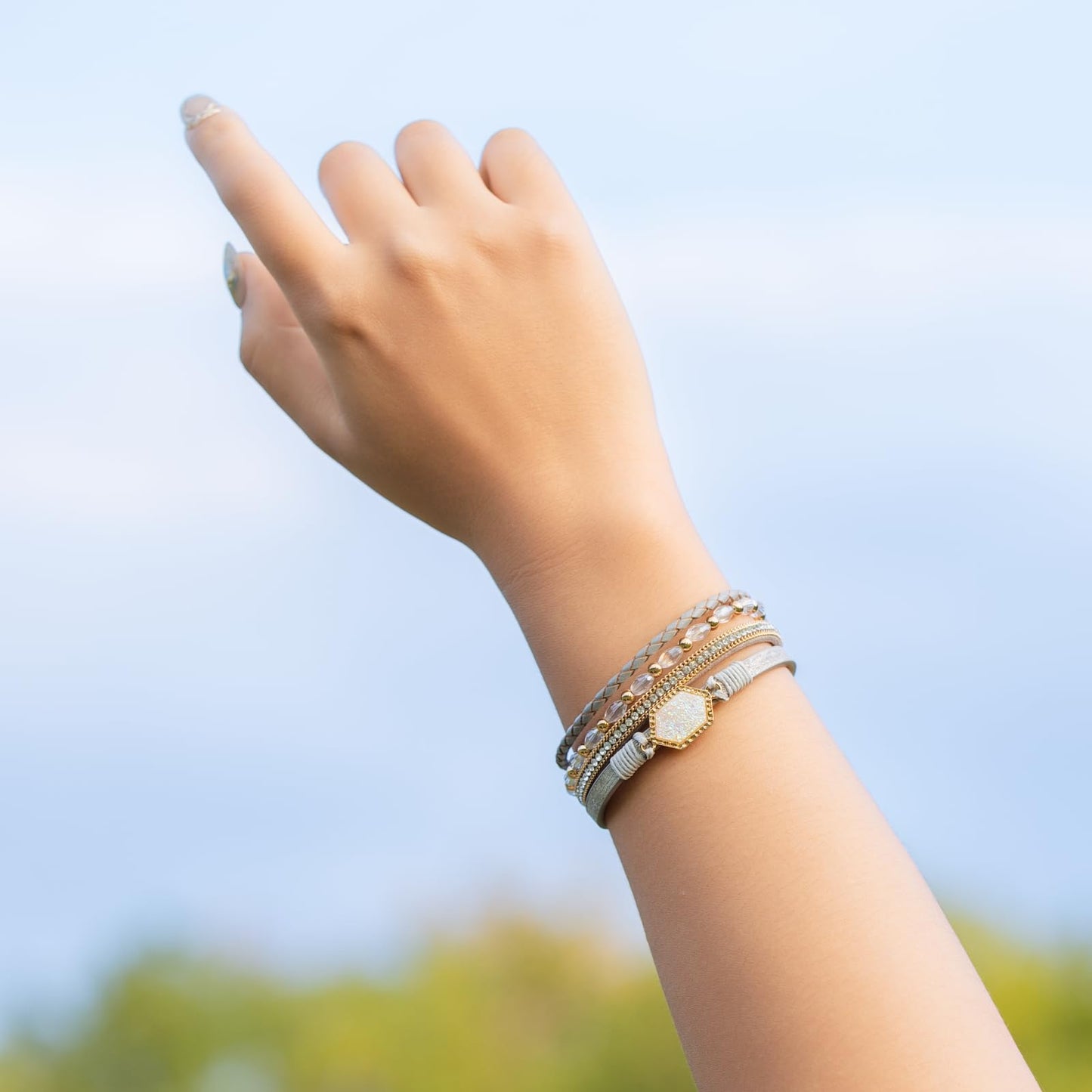 FANCY SHINY Crystal Beaded Leather Wrap Bracelet Stackable Boho Jewelry for Women Trendy Braided Resin Stone Bangle Cuff with Magnetic Clasp(Metallic Gray)
