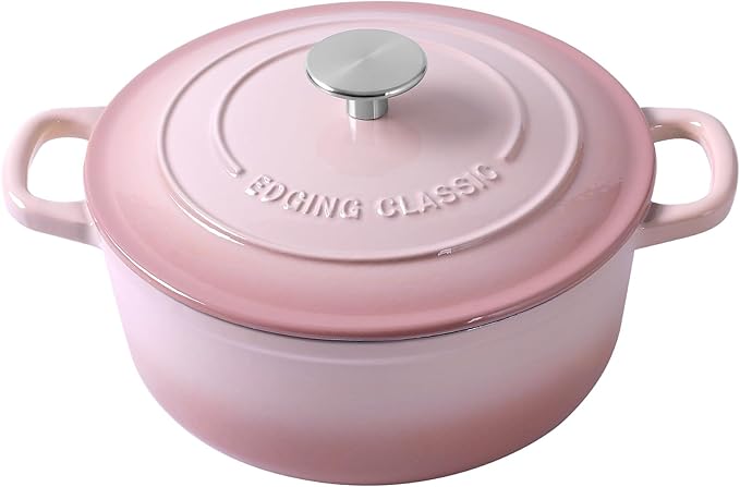 EDGING CASTING Enameled Cast Iron Covered 5.5 Quart Dutch Oven with Dual Handle, Dutch Ovens with Lid for Bread Baking, Pink