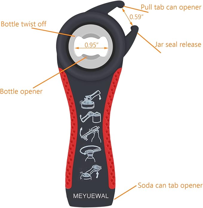 6 in 1 Lid Opener - Bottle, Jar, & Can Opener for Seniors with Arthritis or Weak Hands - Heavy Duty & Smooth Edge, Red