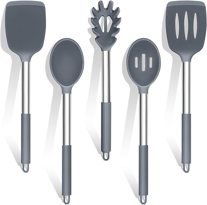 TeamFar Silicone Cooking Utensils Set, 5 PCS Heat-Proof Kitchen Utensils with Stainless Steel Handle, Turner/Spoon/Pasta Server for Nonstick Cookware Frying Flipping Draining, Light Grey