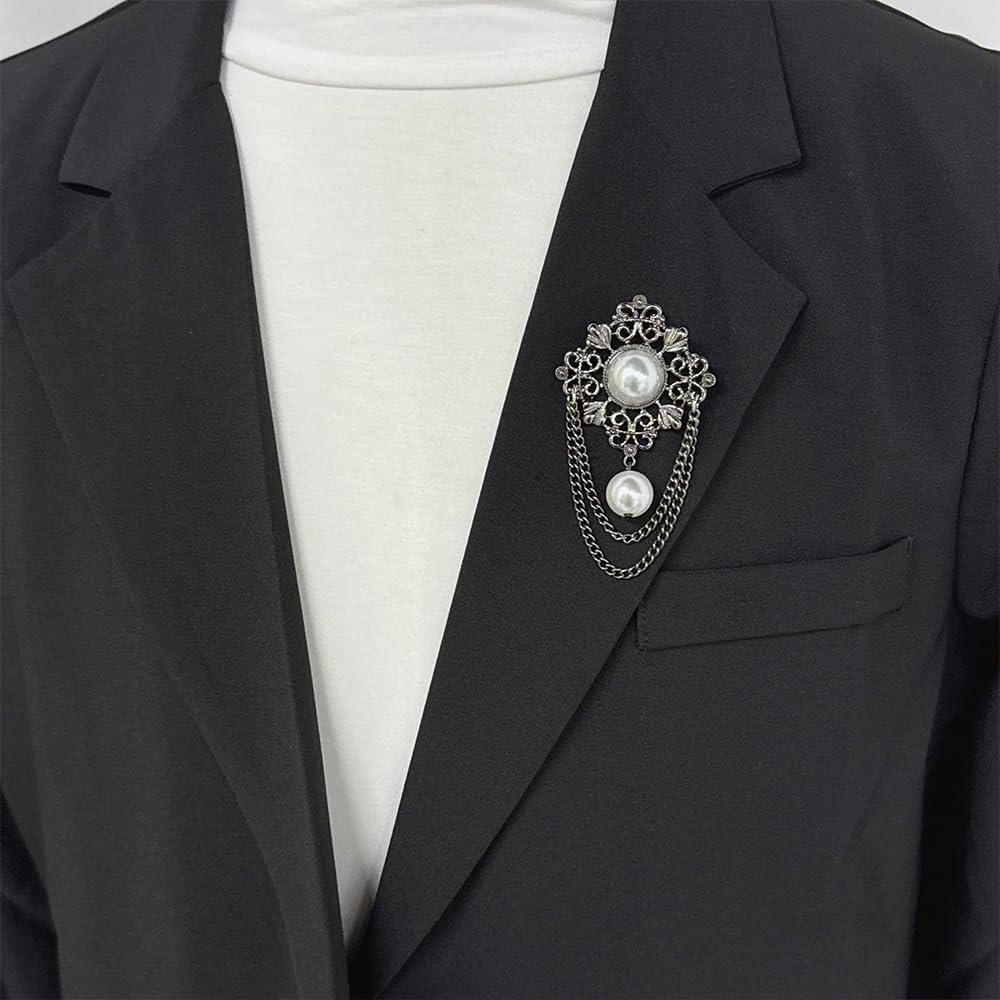 Vintage Round Pearl Filigree Flower Chain Tassel Brooches Lapel Pins for Women Girls Party Dance Banquet Dainty Boho Gold Dangle Drop Pin Dress Suit Clothes Accessories Jewelry (Black)