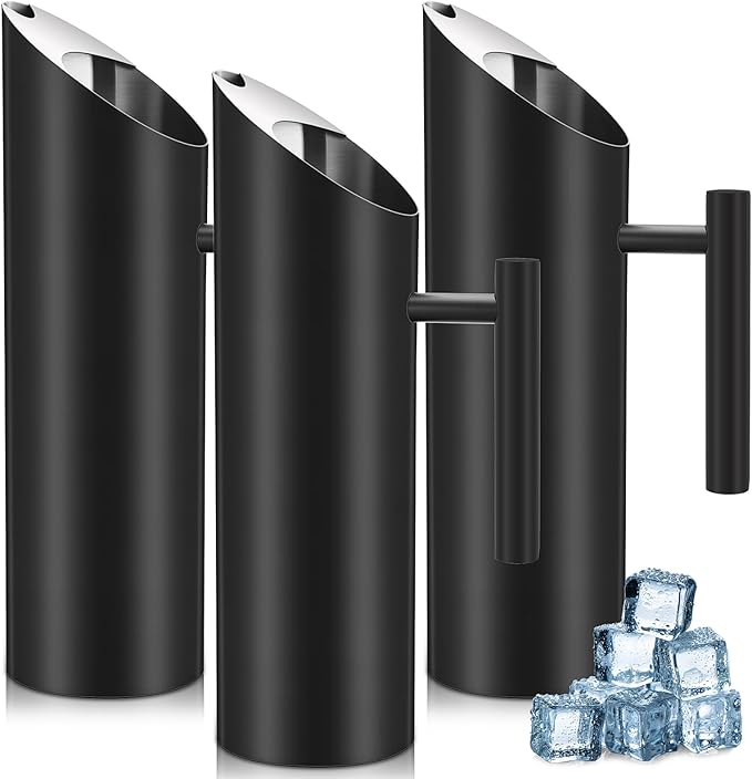 Funnymoom 3 Pack 53oz/1.5l Stainless Steel Water Pitcher Modern Metal Pitcher with Ice Guard Black Carafe Drink with Handle or Iced Hot Drink Tea Juice Coffee Beer
