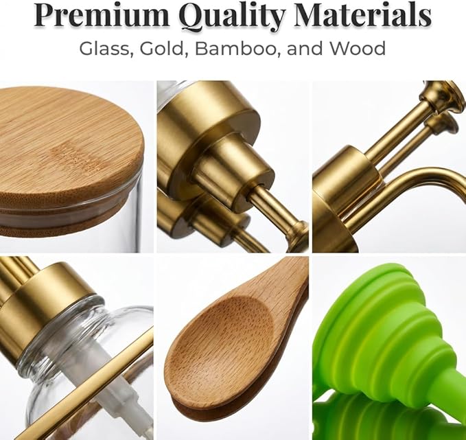 Coffee Bar Accessories, Coffee Syrup Dispenser-2 Pcs16.9 oz, Syrup Pump Dispenser for Coffee Bar, with Glass Bamboo Lid Jar with Spoon, Gold Pump Syrup Dispenser with Labels