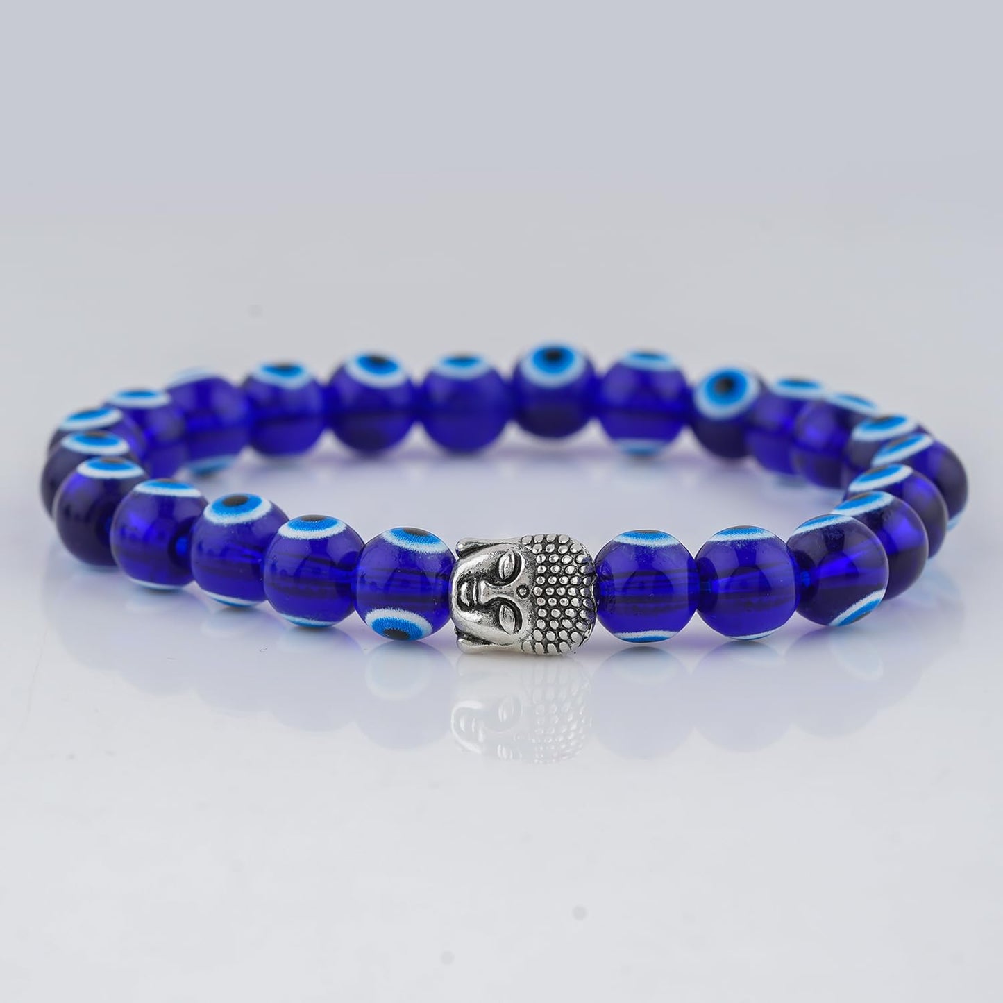 CRYSTALINES Buddha Charm Stretchable Braceclet, Blue Evil Eye Gemstone Beads, Plain Round Stones, Handmade Boho Strech Bracelet, Adjustable Spiritual Healing Crystal Unisex Jewelry Gift