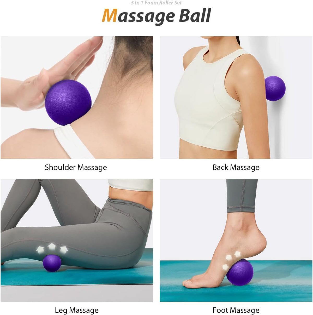 5 in 1 Foam Roller Set for Deep Tissue Muscle Massage, High Density Trigger Point Fitness Patented Exercise Foam Roller, Massage Roller, Massage Ball, Resistance Band, for Whole Body(Purple)