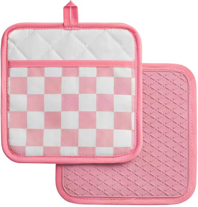 Ohocut Pink Checkered Pot Holder, Checkerboard Potholders for Kitchen, Silicone Pot Holders with Pocket for Kitchen Clearance 2 Pack Set, Hot Pads and Oven Mitts for Cooking Baking