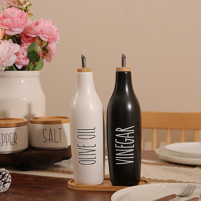 HOMCDALY Olive Oil and Vinegar Dispenser Set, 16oz Ceramic Oil Dispenser for Kitchen, Kitchen Dispenser Bottle for EVOO Vinegar Syrups, Modern Farmhouse Design| Set of 2 – P-Black&White