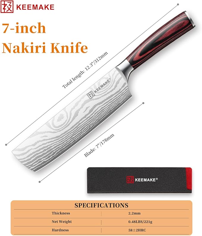 KEEMAKE Nakiri Knife Meat Cleaver: 7 Inch Razor Sharp Chef Kitchen Knife for Cutting Vegetable Cooking Knives - Multipurpose High Carbon Stainless Steel with Pakkawood Handle, Gift box and Sheath