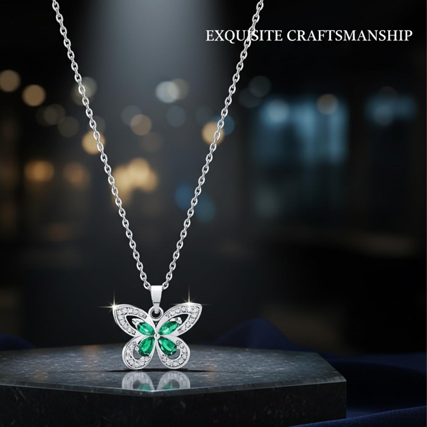 crataly Emerald Butterfly Necklace For Women-Silver Plated May Birthstone Necklace For Valentine's Day Mother's Day Christams Birthday Gifts