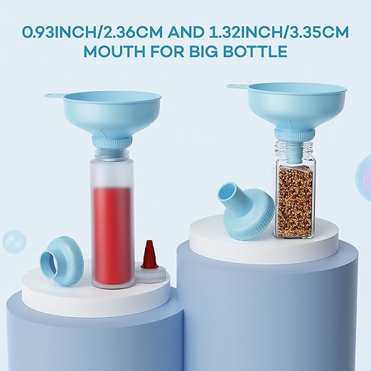 Pisol Wide Mouth Versatile Funnel, Canning Funnels for Kitchen Use, Food Grade Plastic Cooking Funnel Set with 4 Size Spouts and 2 Strainers for Filling Different Bottles and Bags, Blue