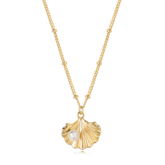 MTMY Gold Starfish Necklace 14K Gold Plated Shell Conch Ocean Pendant Necklace for Women Beach Summer Jewelry(Pearl Shell)
