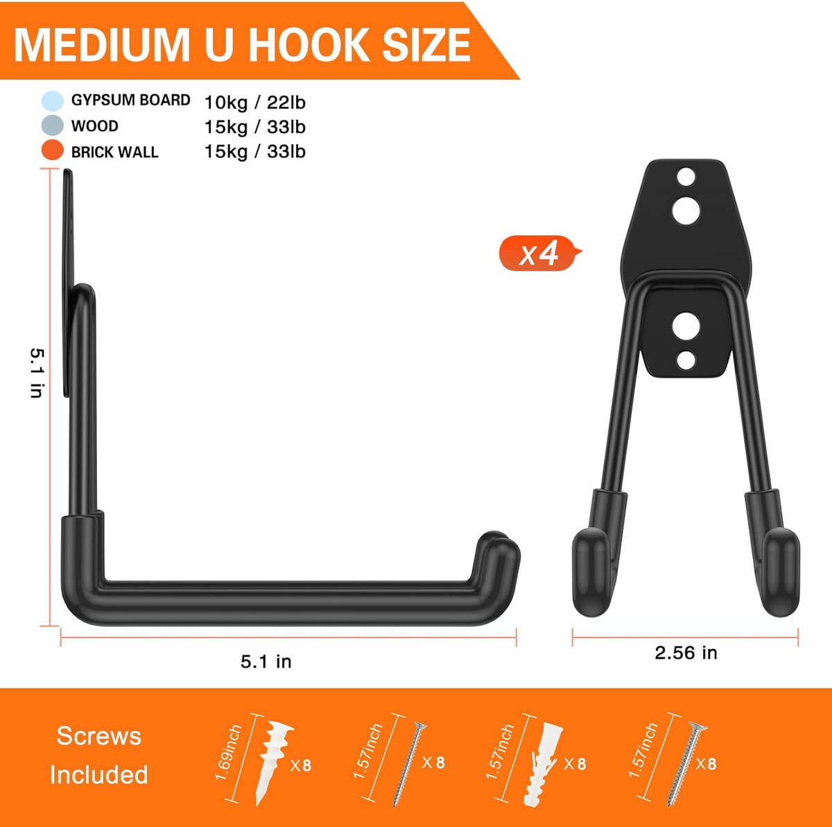 Heavy Duty Garage Hooks 4 Pack, 5.1 inch Medium U Shaped Hanger, Wall Mounted Storage System, Power and Garden Tool Organizer, for Hanging Ladders, Hose, Bulk Items and More