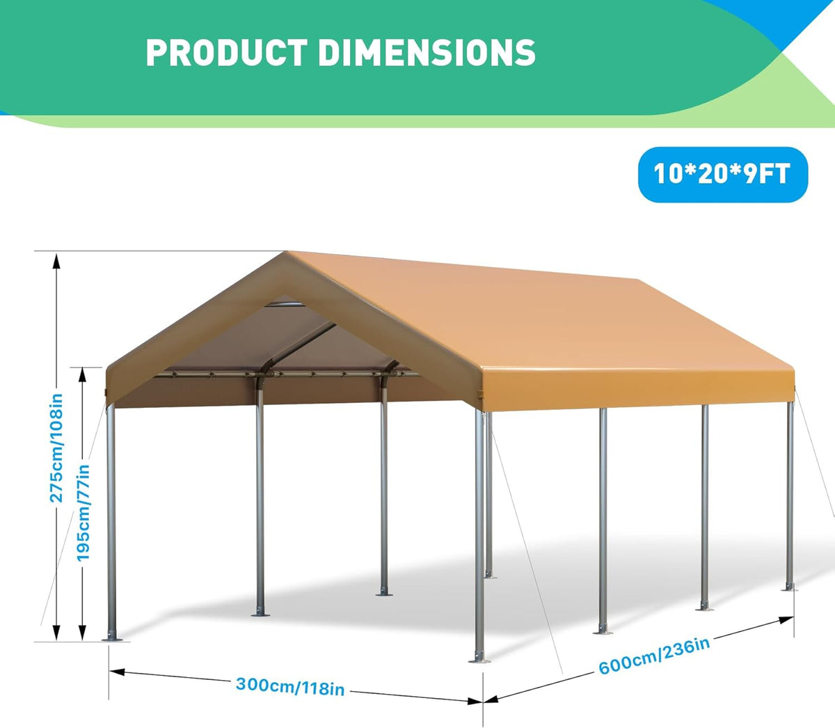 10X20 Ft Heavy Duty Carport Canopy, Portable Garage, Car Tents, Easy to Assemble, Reinforced Structure, with Hanging Edge, Applicable to Car, Bike, Boat, Party (Yellow)