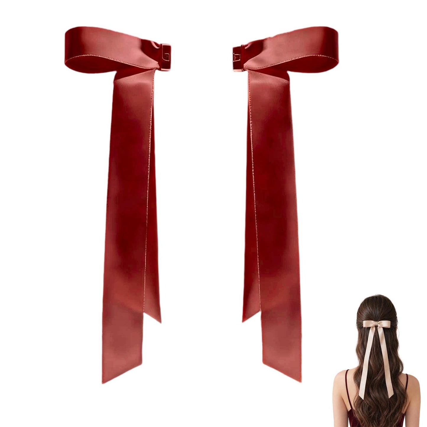 ASTRULUME 2Pcs Magnetic Hair Bows, Satin Ribbon coquette Bow Clips with Strong Hold No-Slip Design, 2-in-1 Instant Snap-On Hair Accessories for Women Girls(Red)