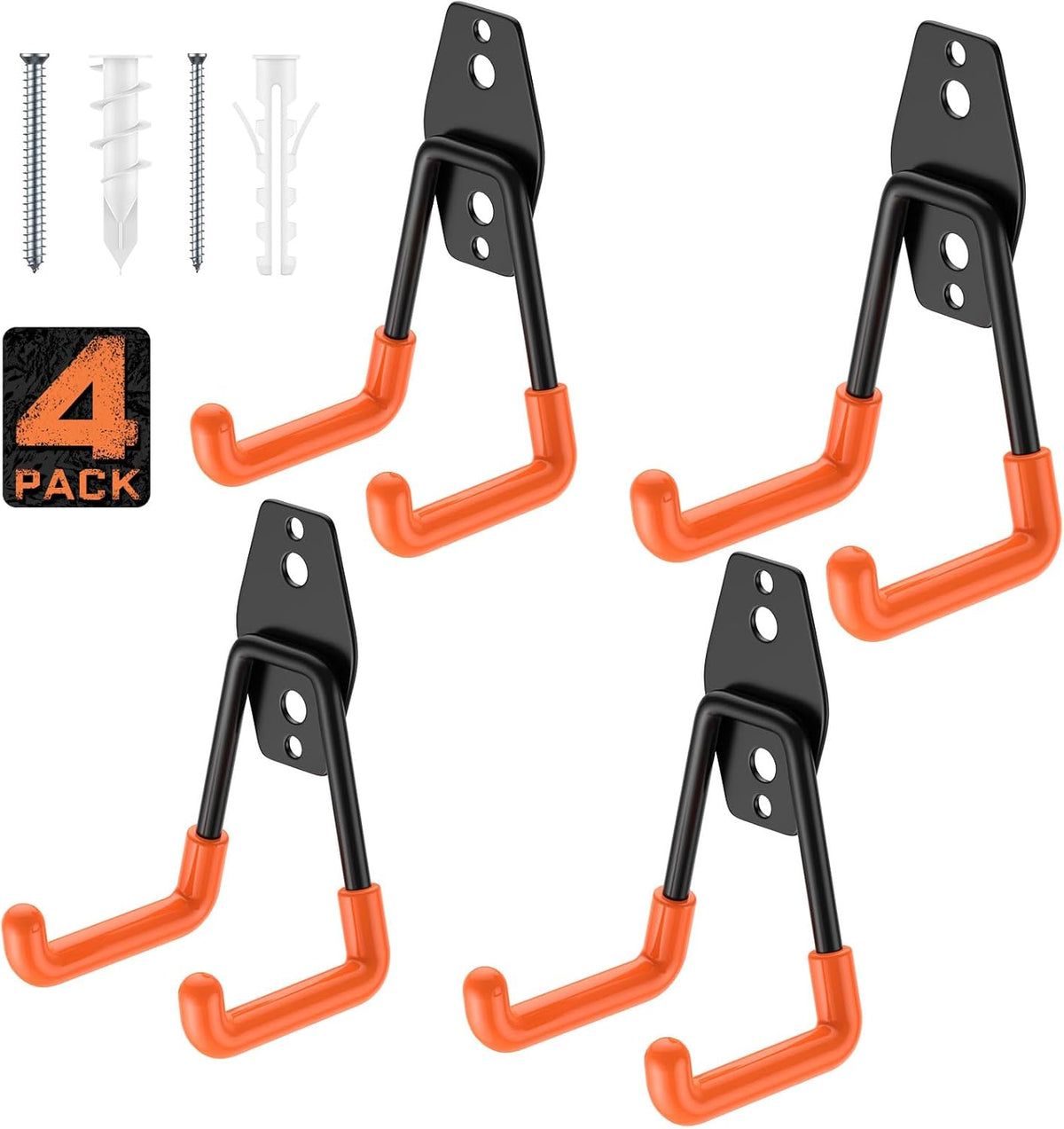 4 Pack 4.5x2.75 Inch Utility Steel Wall Mount Heavy Duty Garage Hooks with Anti-Slip Coating,Storage More Yard,Garden and Power Tools and for Hanging Hose,Ladder and Bike