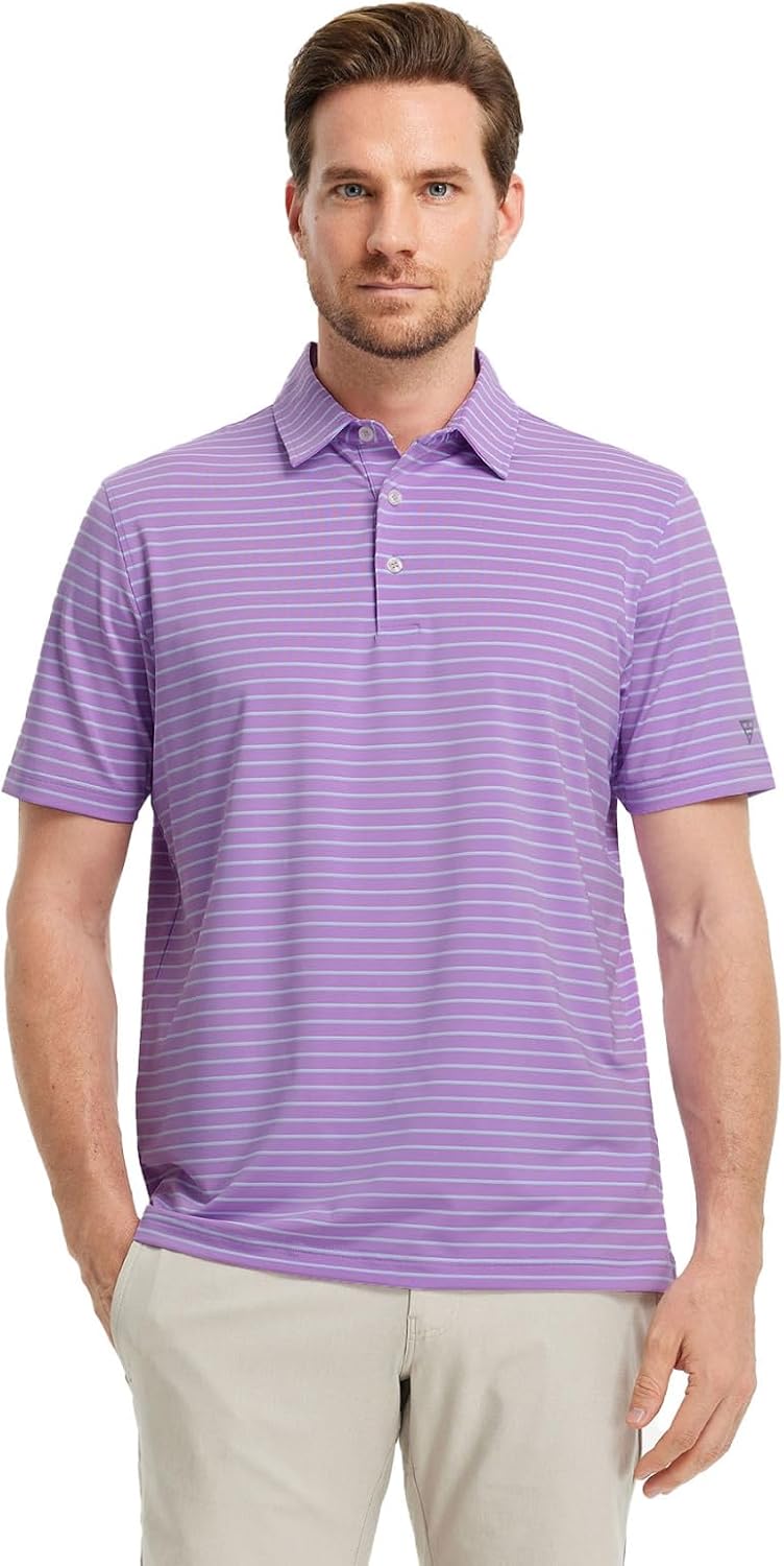 M MAELREG Golf Shirts for Men Moisture Wicking Striped Polo Performance Dry Fit Business Sports Mens Polo Shirts Short Sleeve
