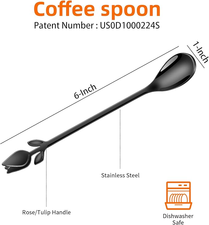 Black Small Coffee Spoon Holder Set,Swan Base With 12 Pcs Demitasse Espresso Spoons Set,6" Mini Tulip/Rose Dessert Spoon,Stainless Steel Tea Spoons
