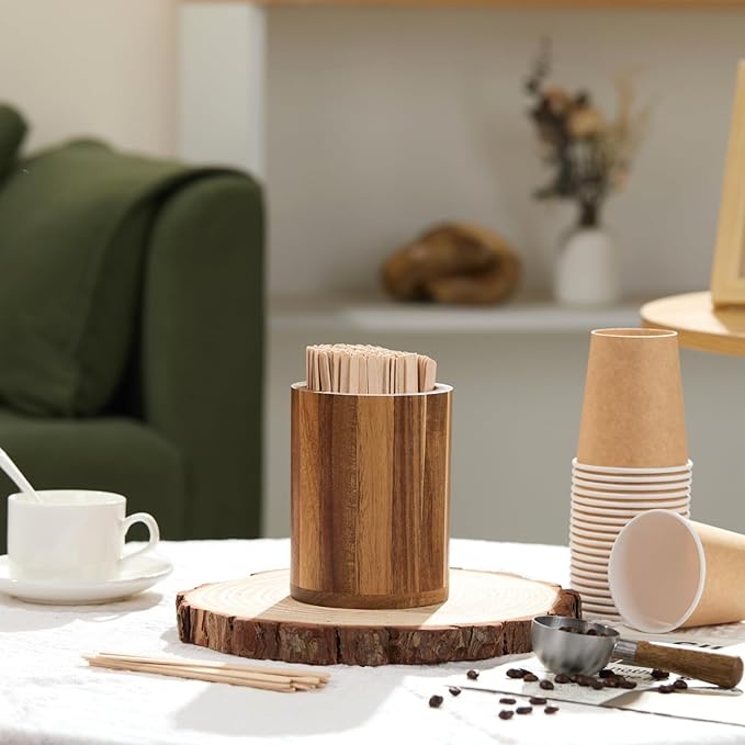 Acacia Wood Coffee Stirrer Holder Set with 100 Disposable Stir Sticks, Wooden Bar Accessories for Milk Cocktail Tea Drinks Straws, Organizer for Station Countertop