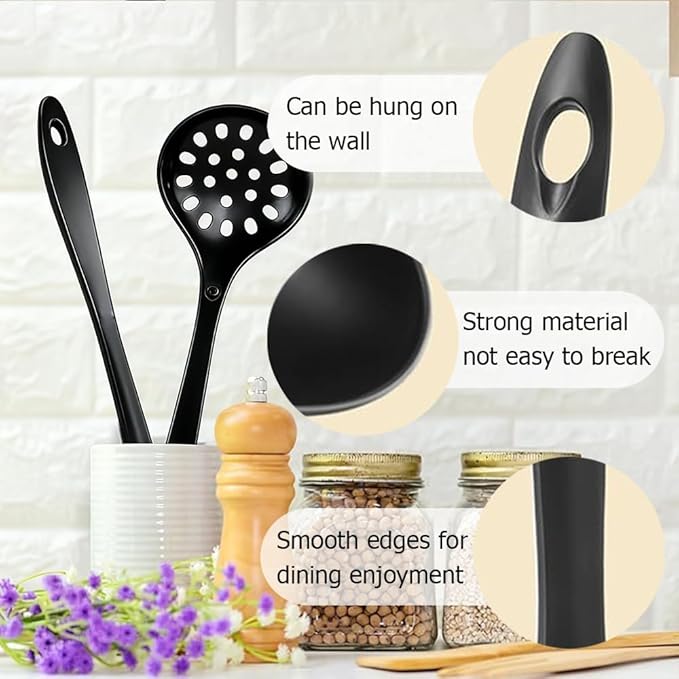 Large Plastic Serving Spoons,Disposable Heavy Duty Serving Spoons,Long Handle Scoop Soup Rice Ladle for Party Catering Buffet Restaurant,20 Pieces (10 Black Colander +10 Black Spoon)