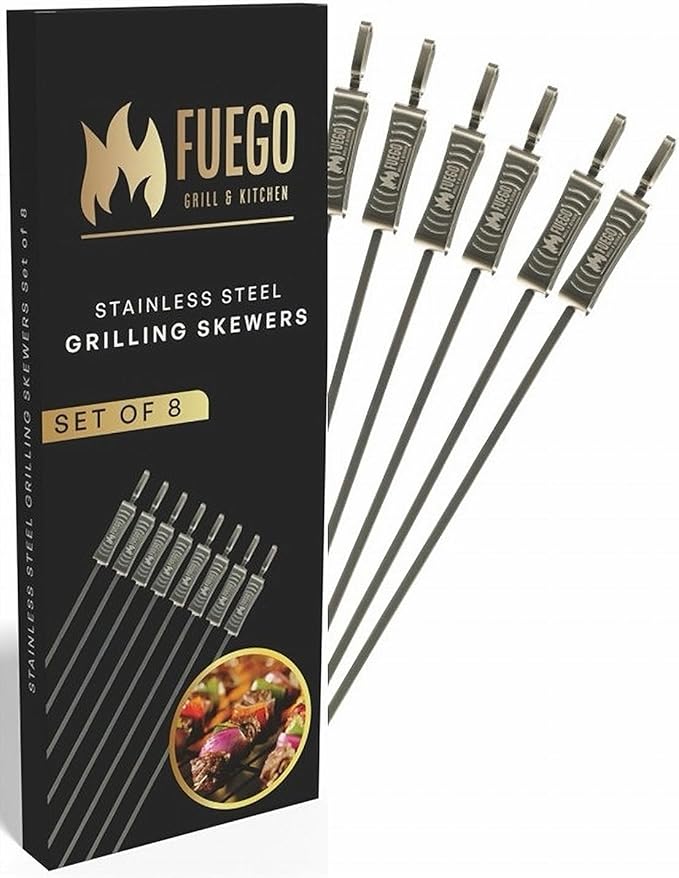 Fuego Skewers for Grilling - 17" Stainless Steel Flat Blade with Push Slider | Reusable & Dishwasher Safe | BBQ Skewers and Shish Kabob | Set of 8