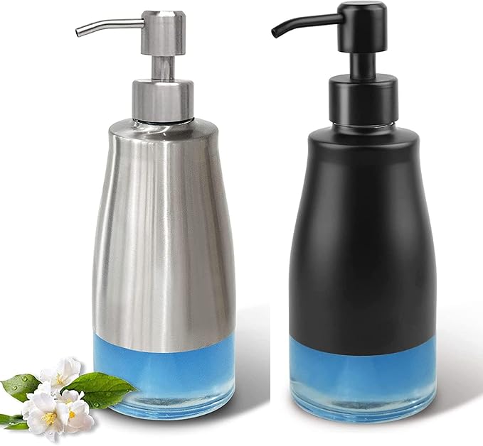 AUMIO 2 Pack Soap Dispenser Stainless Steel Case Glass Liner Hand Pump Dispenser, Refillable Liquid Hand Soap Dispenser for Bathroom & Kitchen - Brushed Nickel, Silver & Black