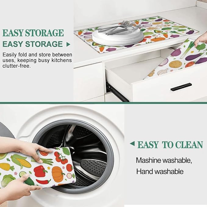 Vegetables Dish Drying Mat, for Farmhouse Kitchen Counter Microfiber Absorbent, Dish Draining Mat Extra Large 18"x24"