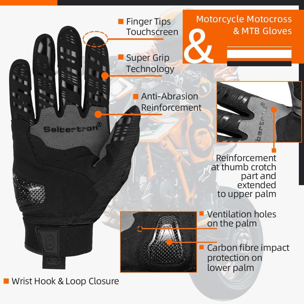 Seibertron SPS Series Touchscreen Motorcycle Motocross BMX ATV MTB Bicycle Cycling Full or Half Finger Gloves Adult and Youth